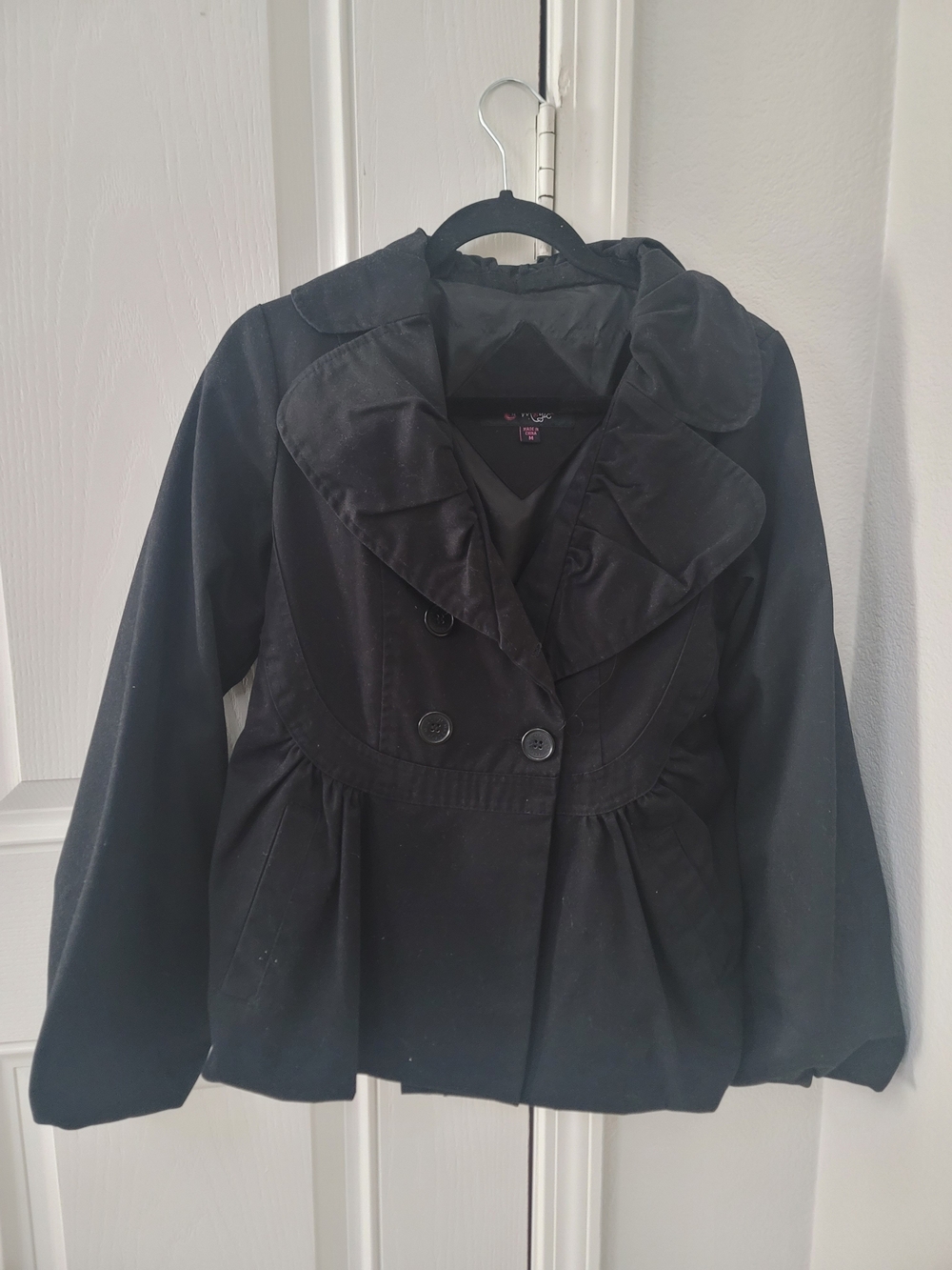 Magic Black Double-Breasted Ruffle Collar Pea Coat (NWOT)